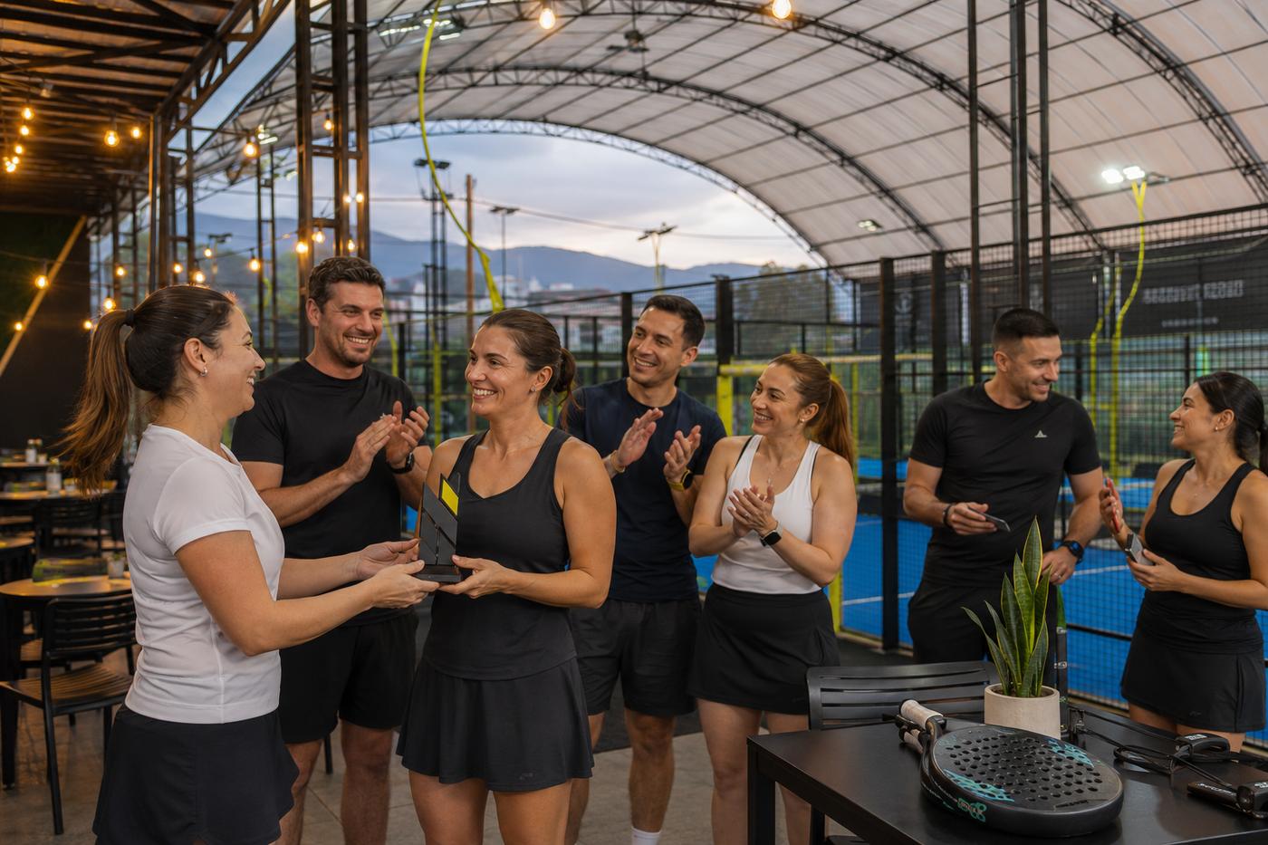 Grupo celebrando la entrega de un trofeo en la terraza de BPC al atardecer, con las canchas detrás
